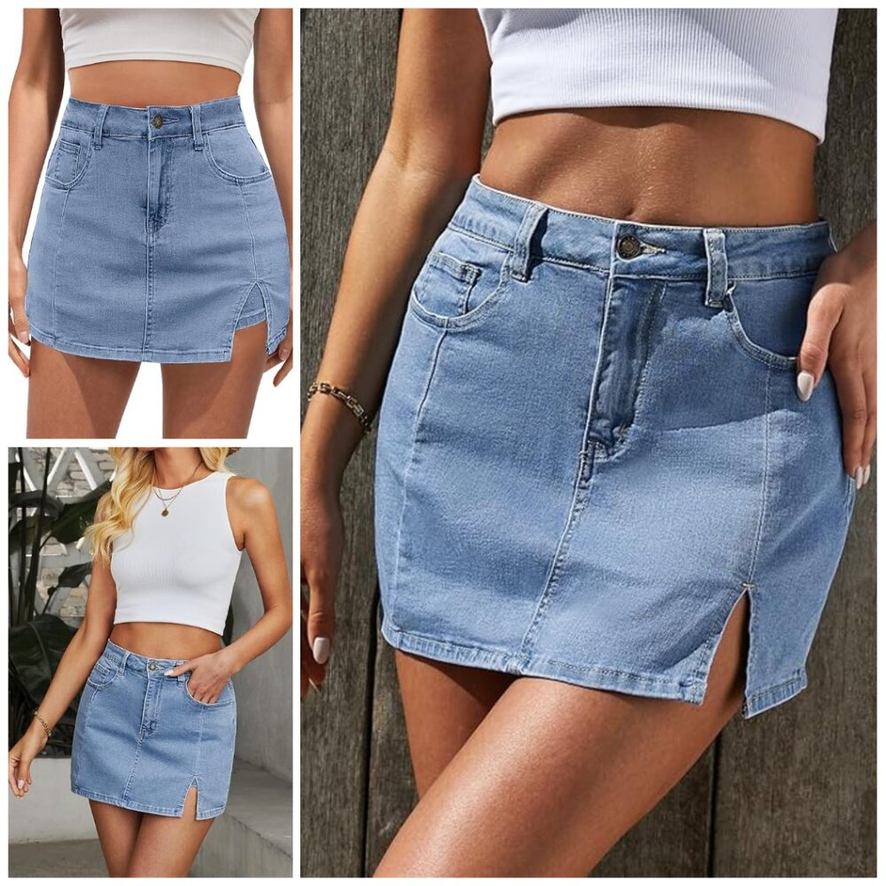 Jean Skorts for Woman High Waisted Trendy Slit Stretchy Denim Skirt